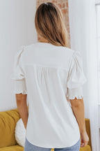 Smocked Flounce Sleeve Notched Neck Blouse (9)