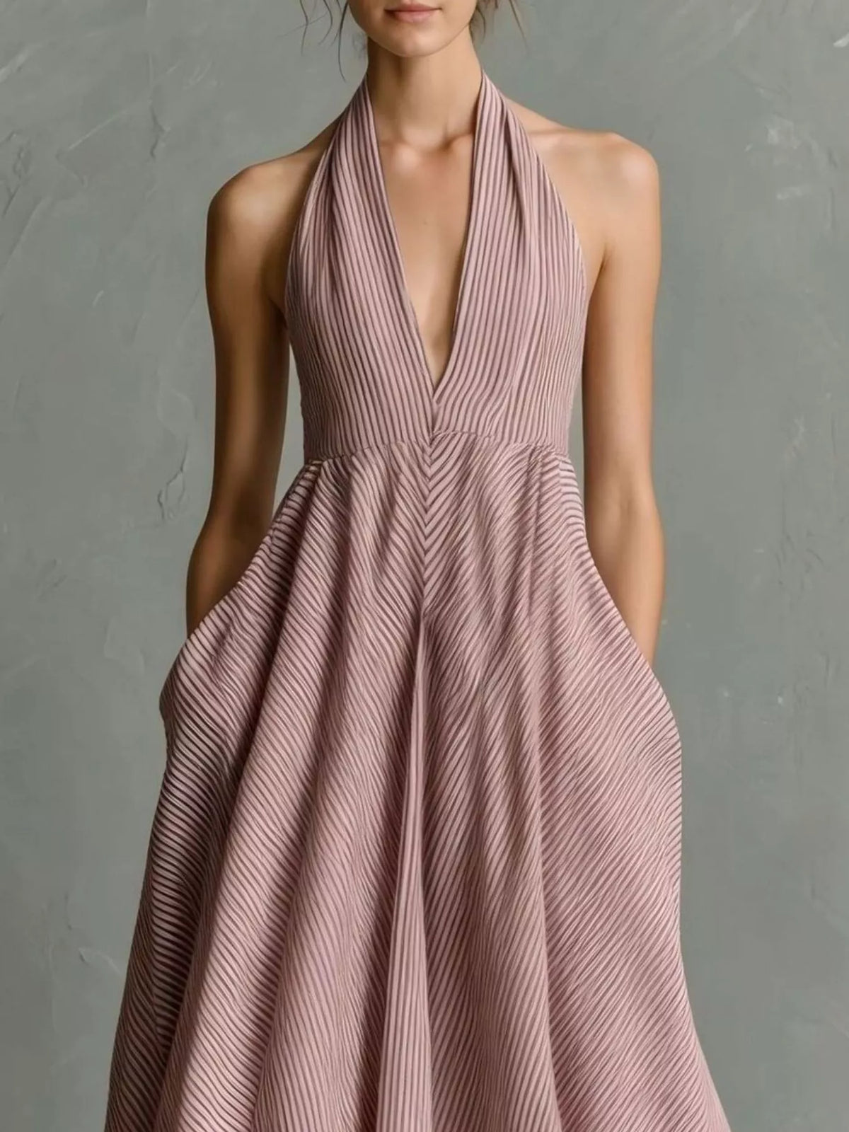 Full Size Striped Halter Neck Maxi Dress Pockets Plus (10)