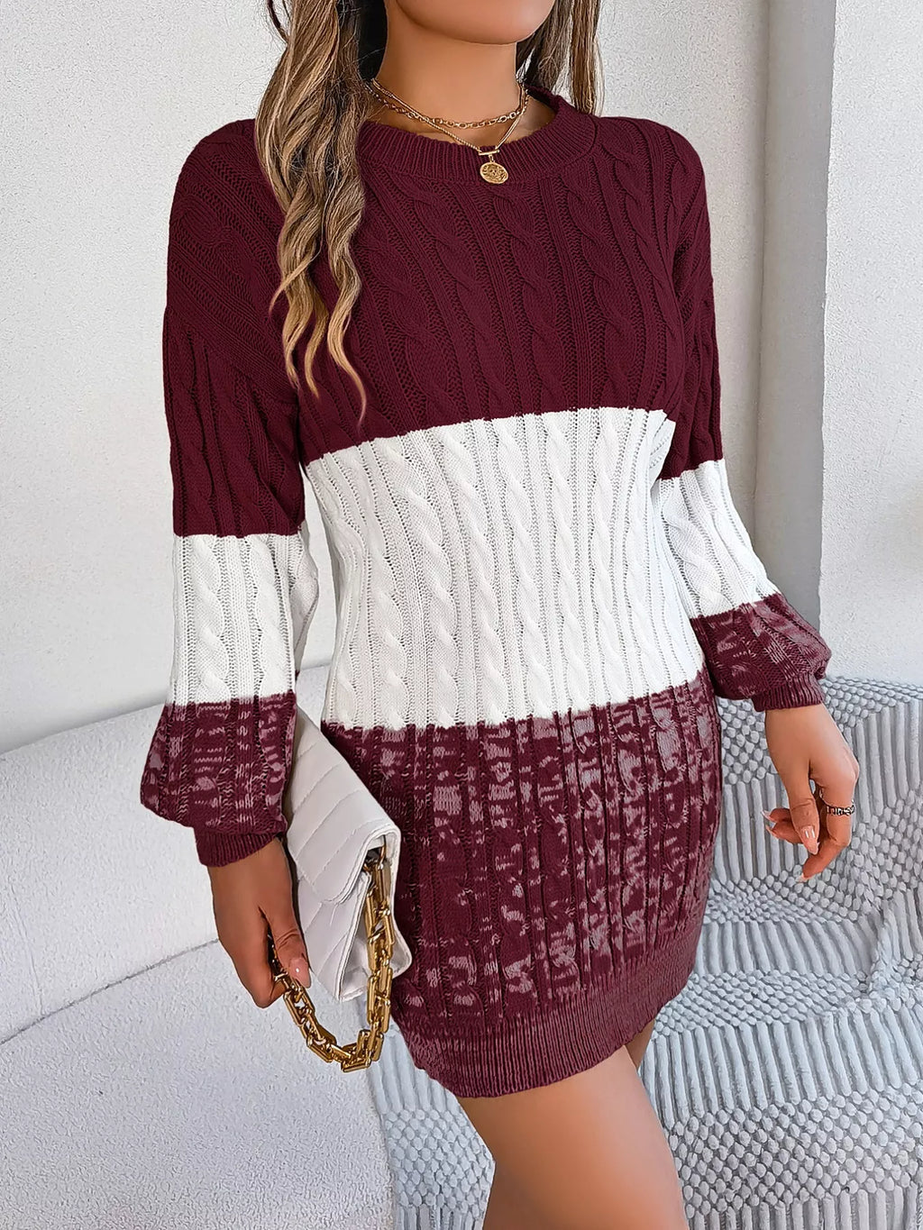 Block Cable Knit Sweater Dress Textured Pattern (6)