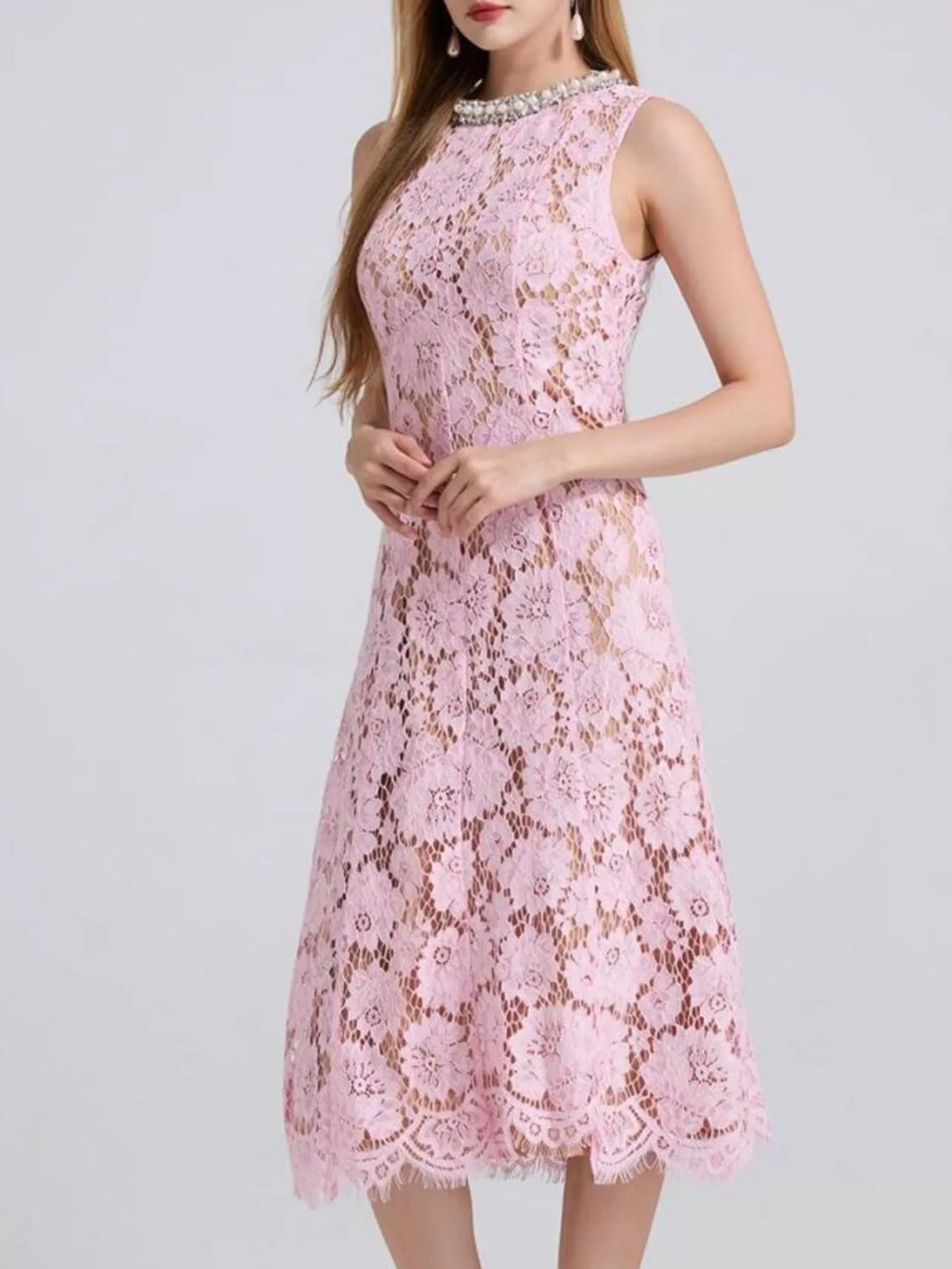 Pearl Neckline Sleeveless Lace Dress (25)