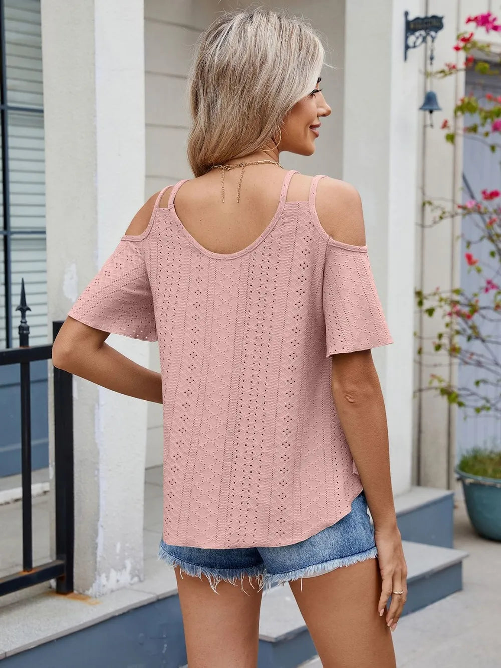 Round Neck Cold Shoulder Eyelet T-shirt (7)