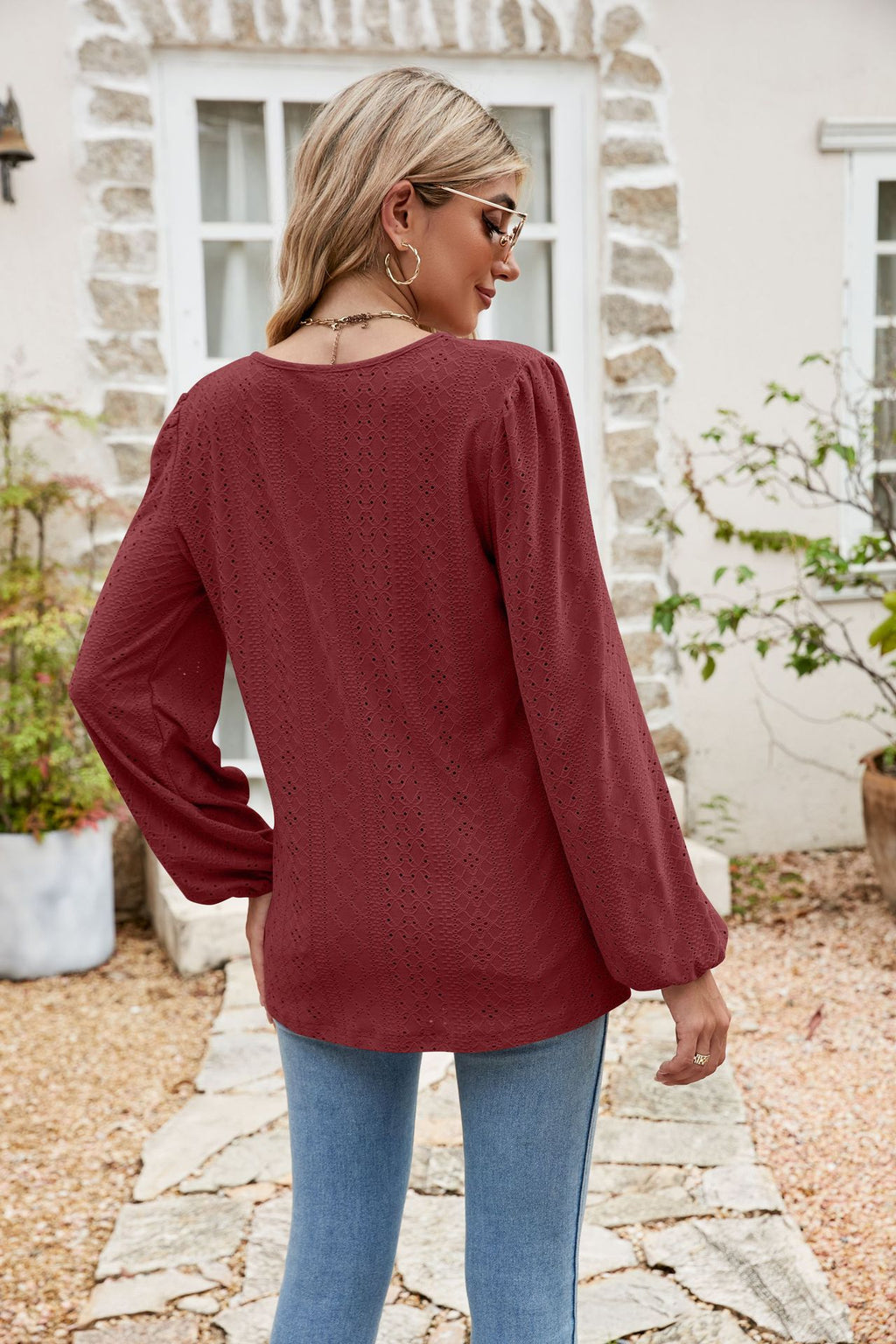 Eyelet Notched Neck Balloon Sleeve Blouse (9)