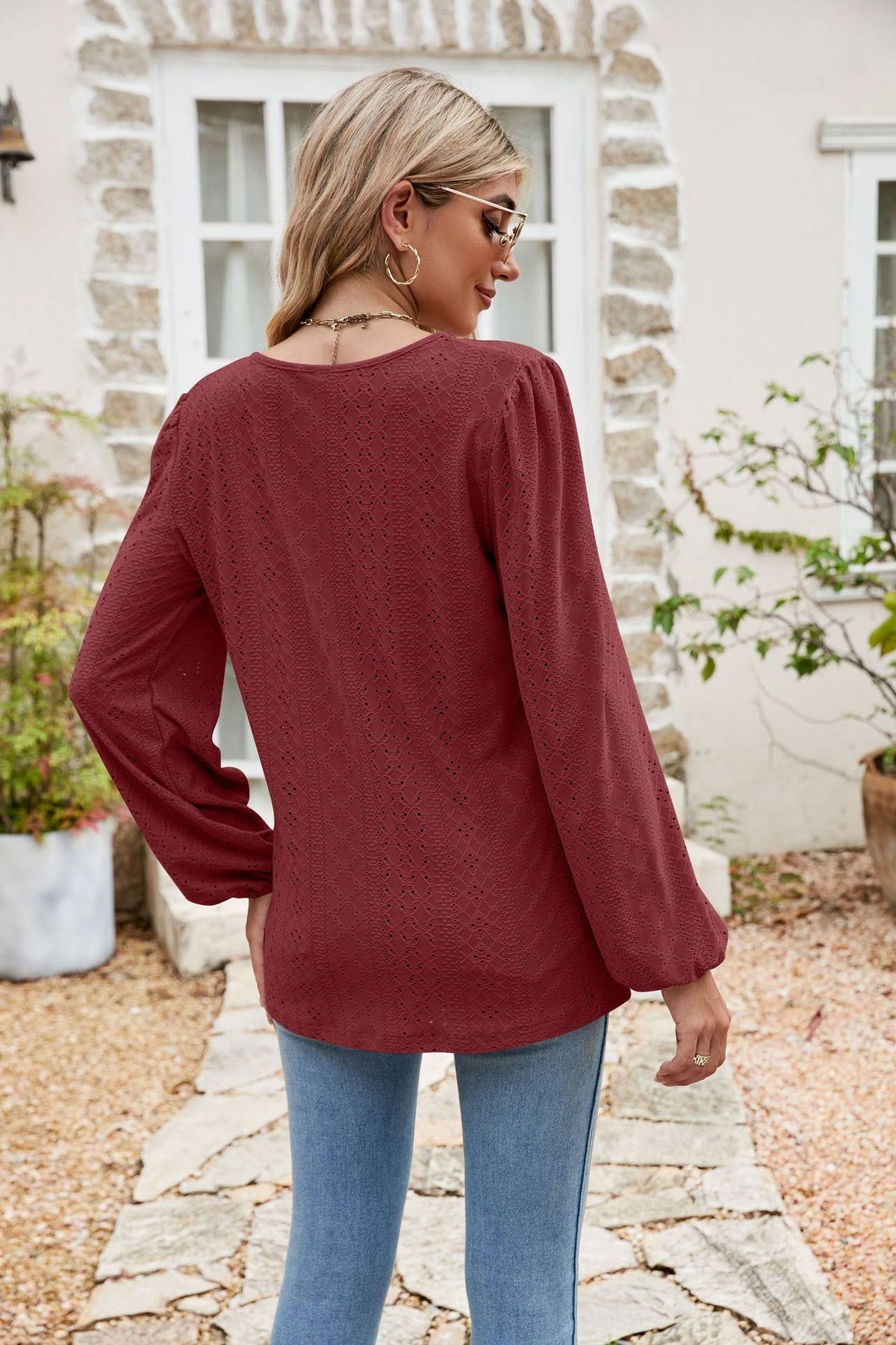 Eyelet Notched Neck Balloon Sleeve Blouse (9)