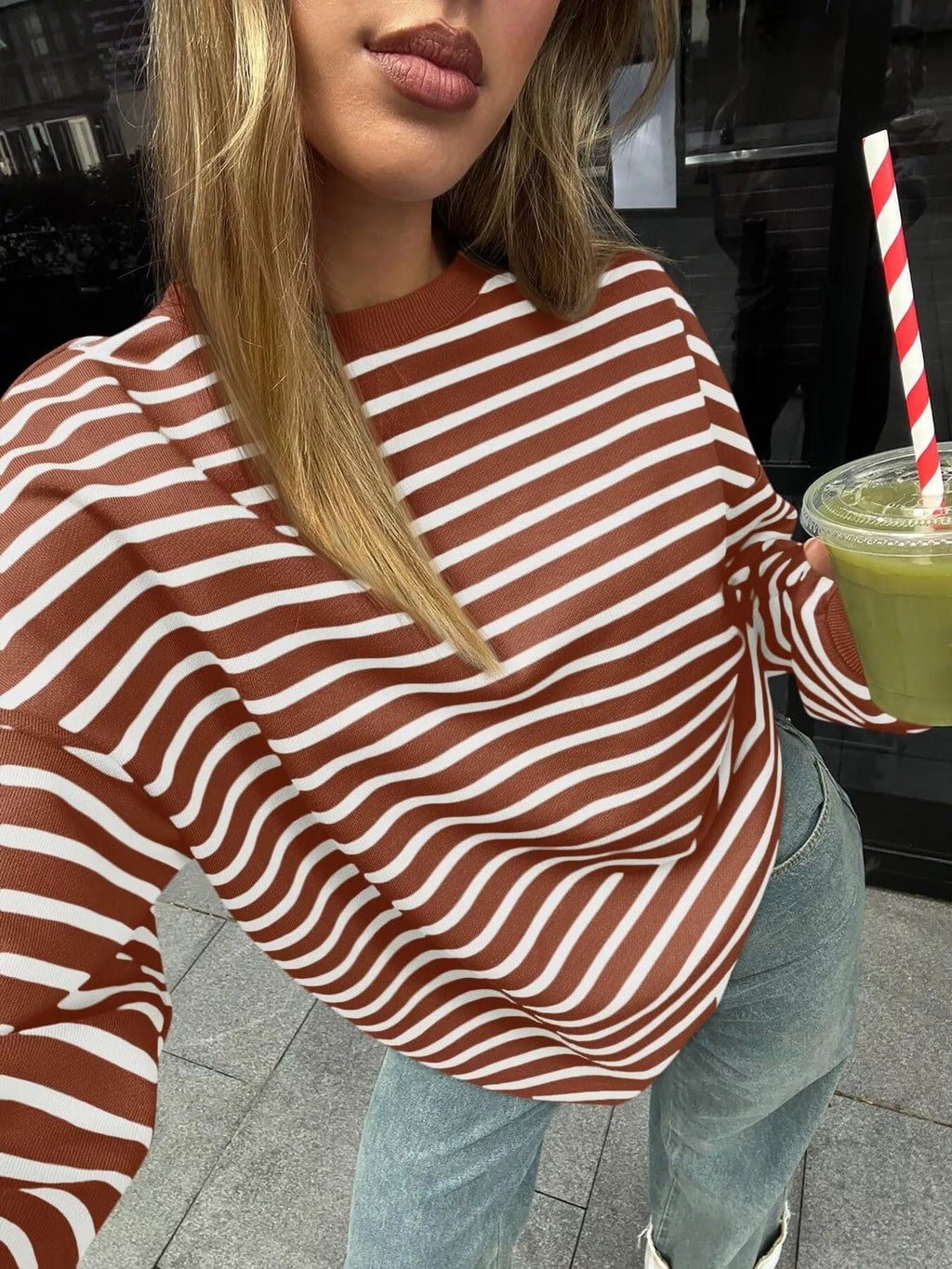 Striped Round Neck Oversized Casual Sweatshirt (29)