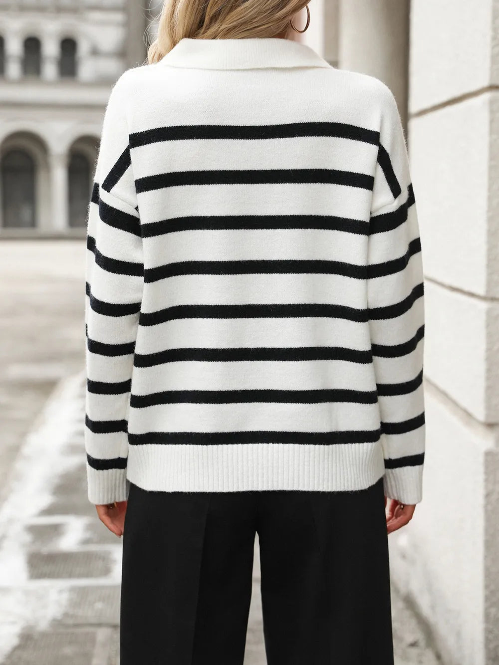 Striped Johnny Collar Long Sleeve Sweater (2)