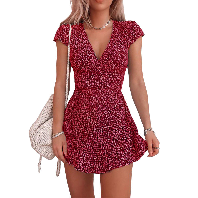 Floral V-neck Dress variant CJNSSYLY07953-Red-M|CJNSSYLY07953-Red-XXXL|CJNSSYLY07953-Red-XXL|CJNSSYLY07953-Red-4XL|CJNSSYLY07953-Red-XL|CJNSSYLY07953-Red-L|CJNSSYLY07953-Red-5XL|CJNSSYLY07953-Red-S