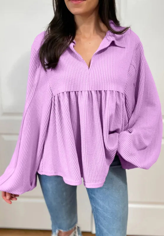 Corded Johnny Collar Long Sleeve Babydoll Blouse (4)