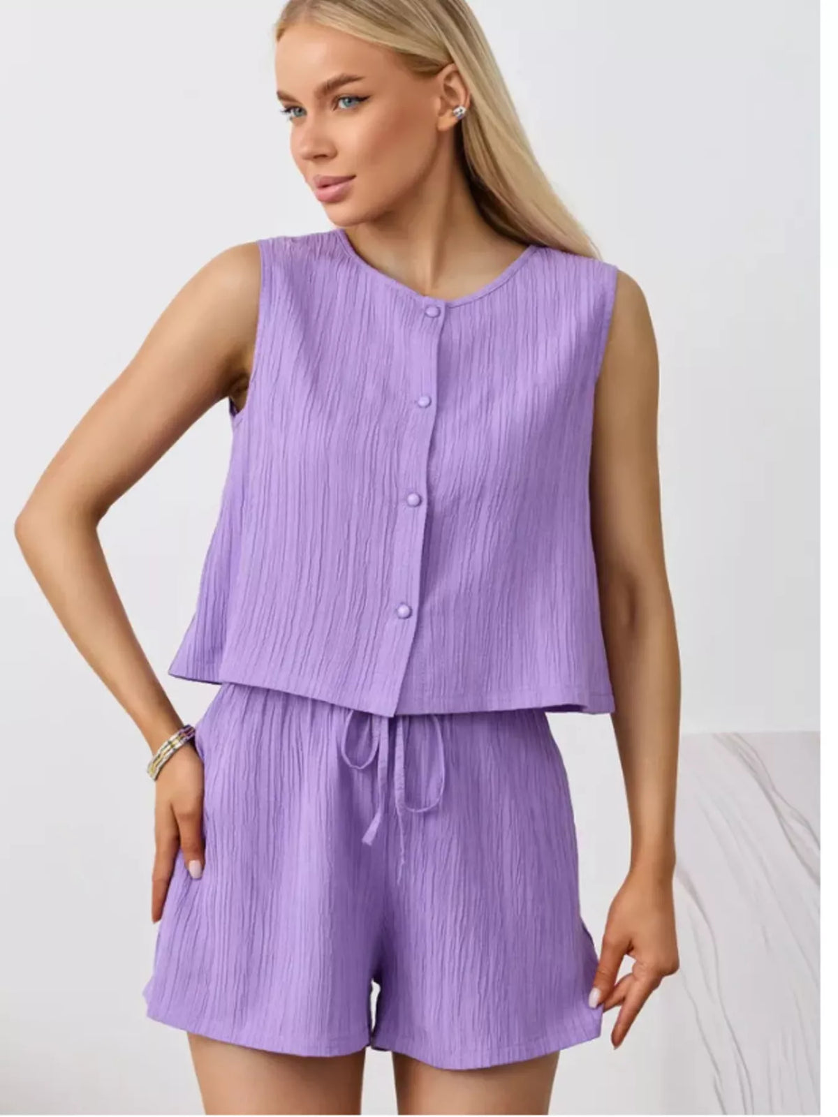 Textured Round Neck Tank Shorts Set (33)