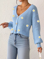 Floral V-neck Button-down Cropped Cardigan (12)