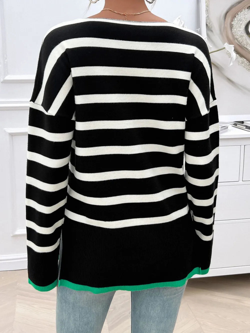 Striped V-neck Long Sleeve Knit Top (21)