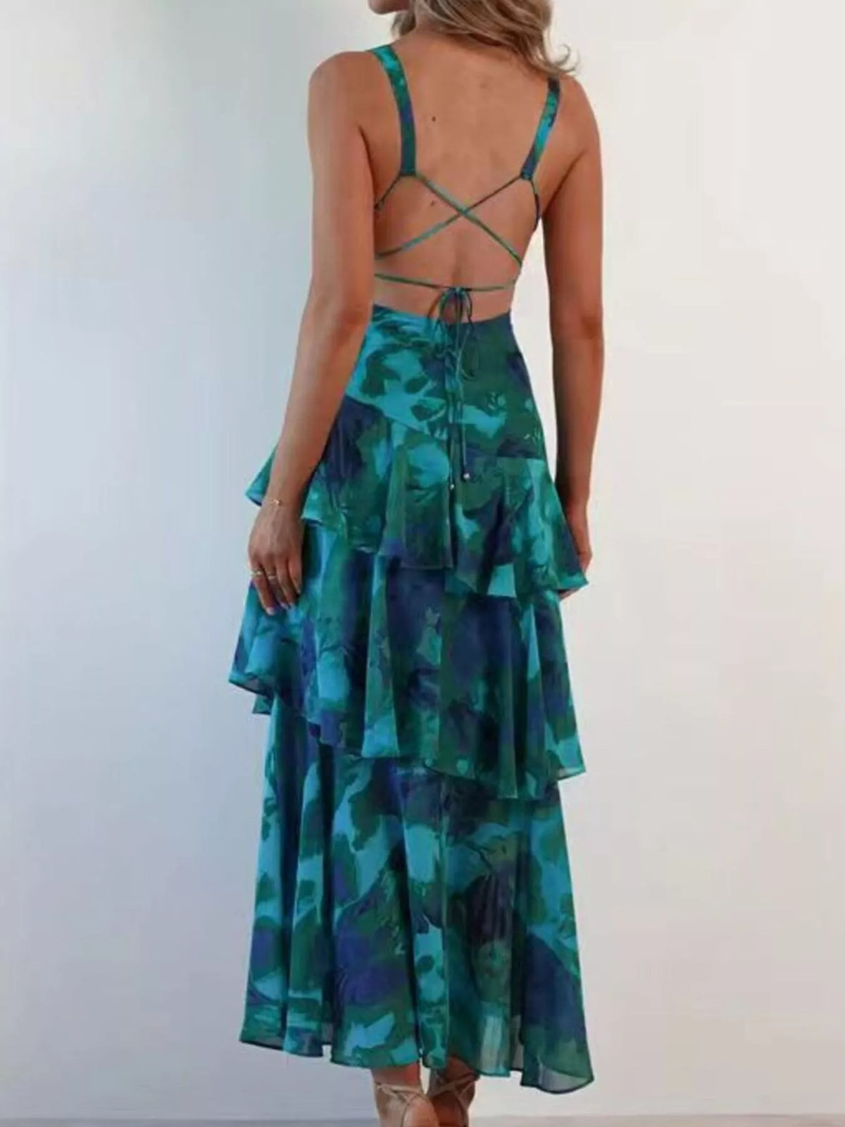 V-neck Sleeveless Floral Print Layered Ruffle Maxi Dress (4)