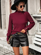 Mock Neck Ribbed Lantern Sleeve Pullover Sweater (11)