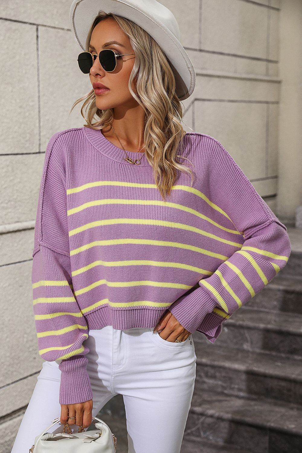 Striped Dropped Shoulder Round Neck Pullover Sweater (15)