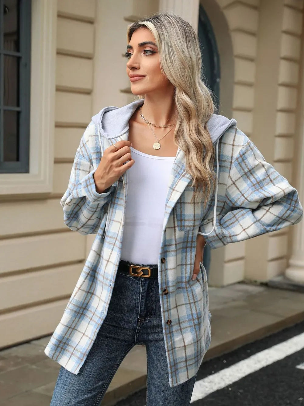 Drawstring Plaid Button Up Hooded Jacket (17)