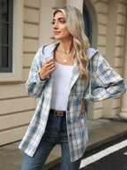 Drawstring Plaid Button Up Hooded Jacket (17)