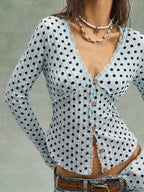 Polka Dot Button Down Textured Long Sleeve Blouse (16)