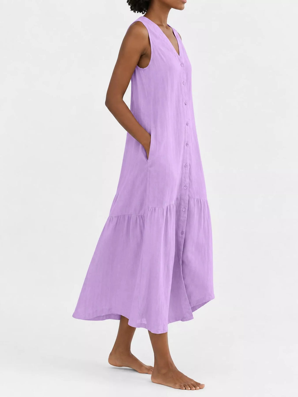 Full Size V-neck Button Front Sleeveless Midi Dress Plus (27)