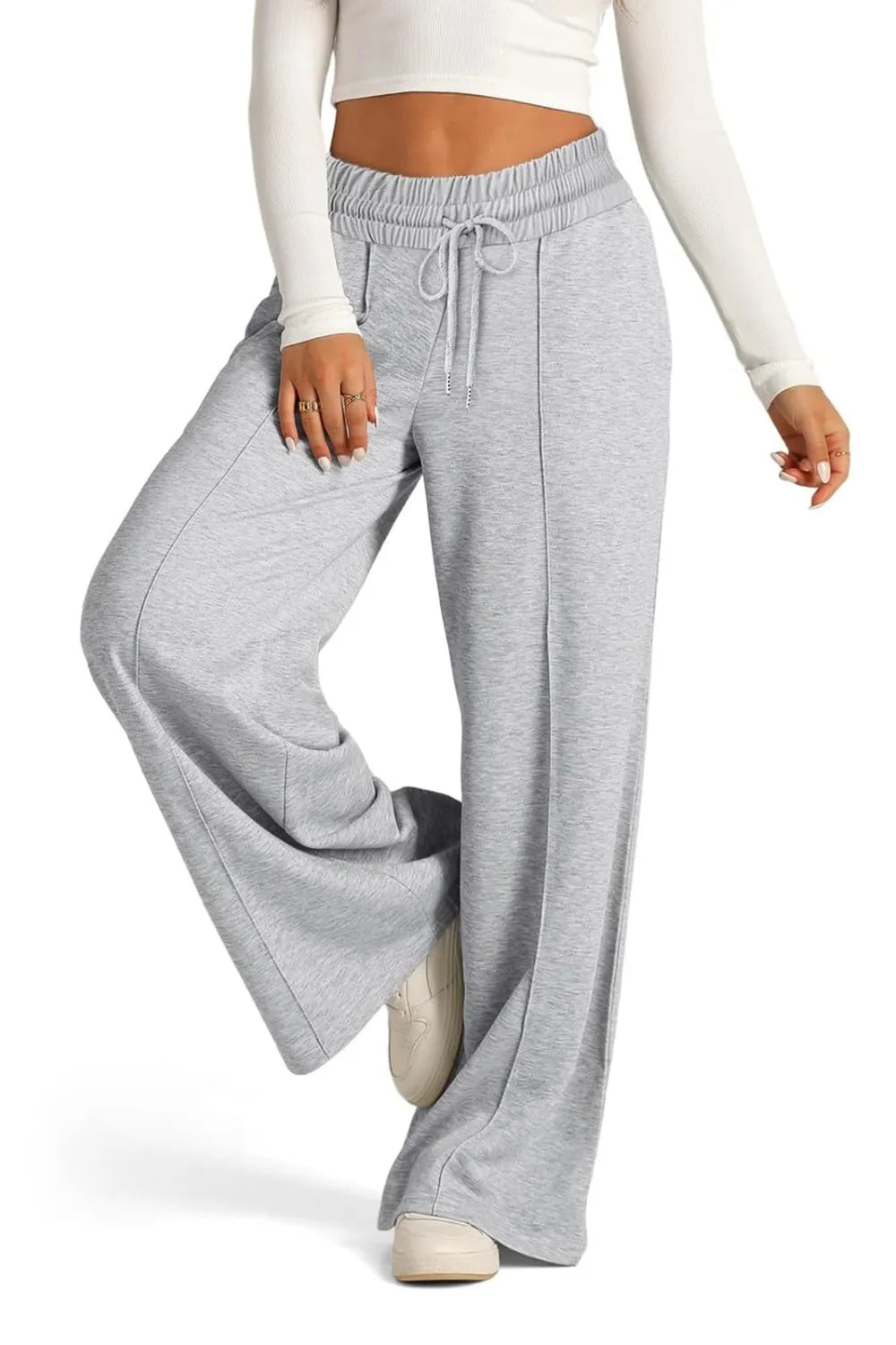 Drawstring Elastic Waist Wide Leg Pants (3)