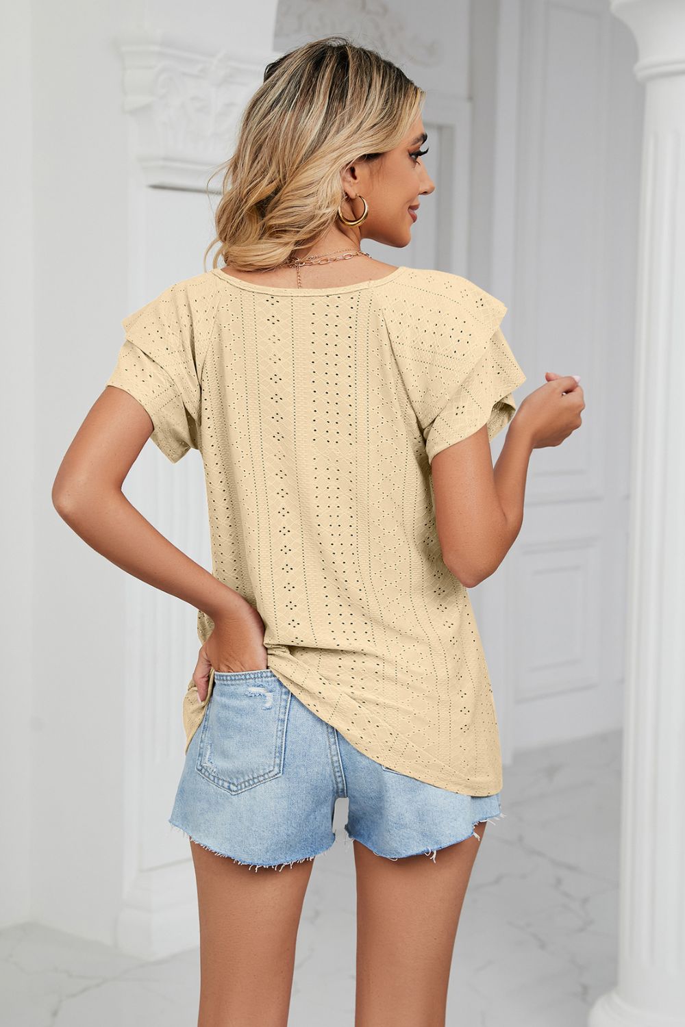 Eyelet Layered Flutter Sleeve V-neck Knit Top (12)