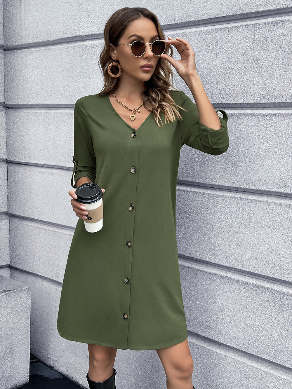Button Down V-neck Mini Dress (4)