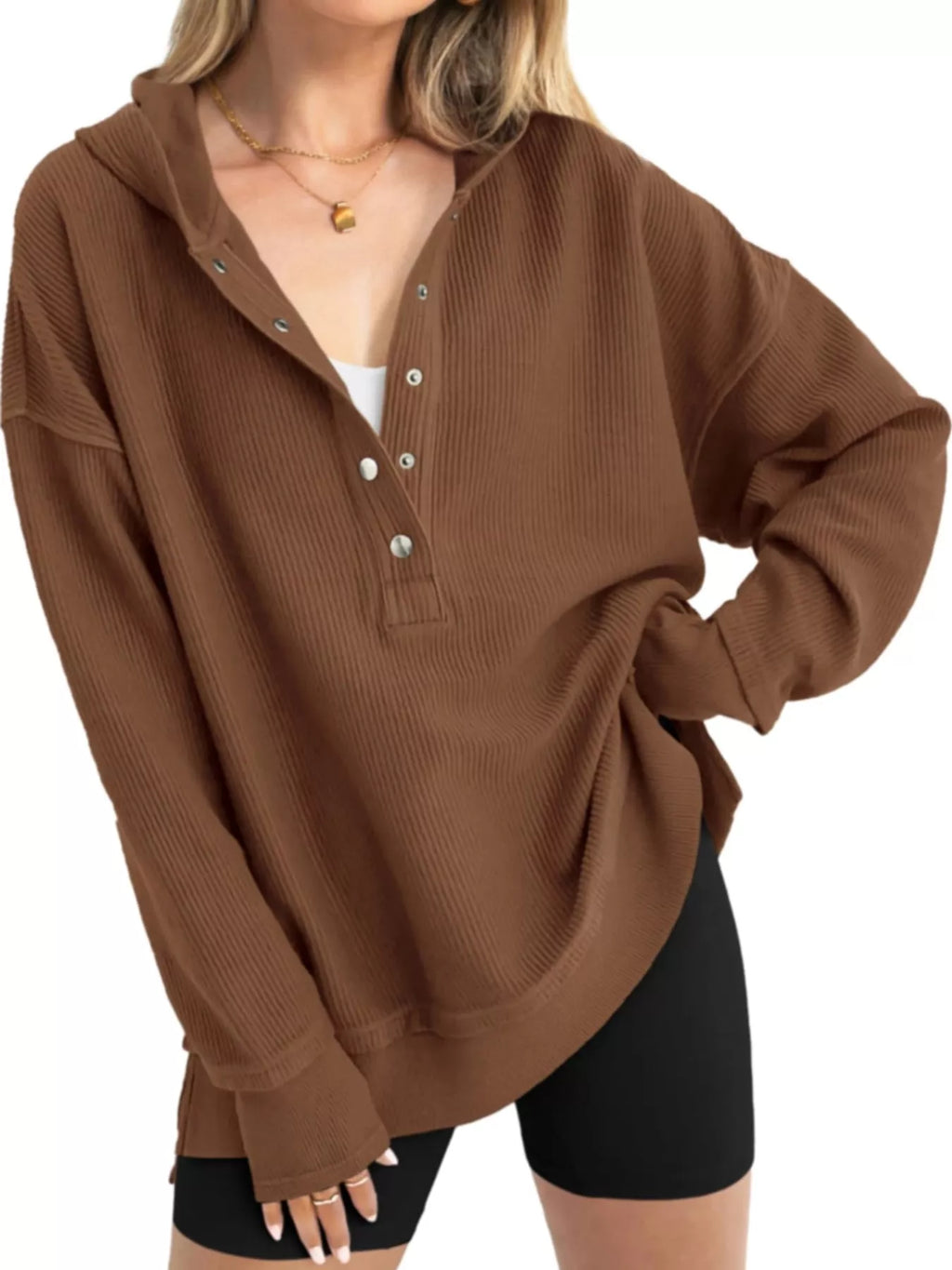 Full Size Snap Button Placket Dropped Shoulder Hoodie Plus (34)