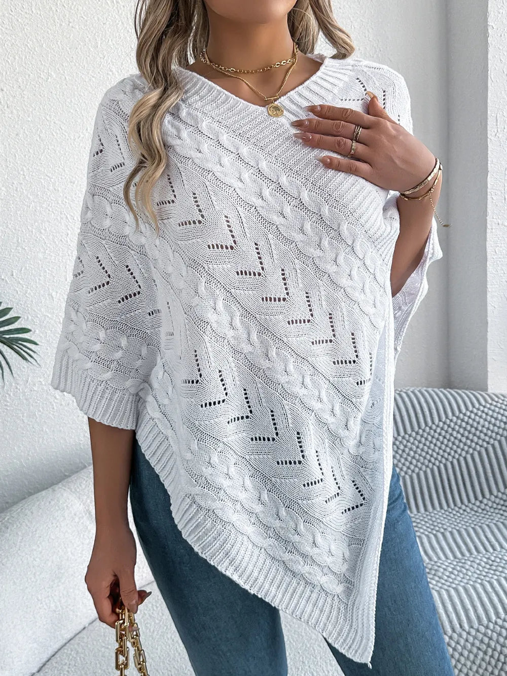 Cable-knit Openwork Three-quarter Sleeve Sweater (4)