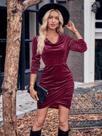 Velvet Cowl Neck Ruched Bodycon Dress