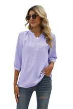 Swiss Dot Notched Neck Three-quarter Sleeve Blouse (28)