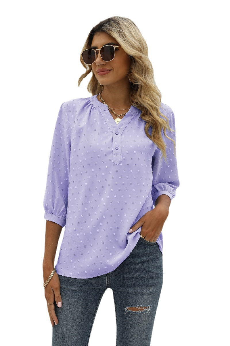 Swiss Dot Notched Neck Three-quarter Sleeve Blouse (28)