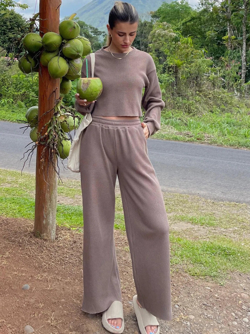 Waffle-knit Round Neck Top Pants Set (21)