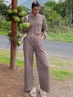 Waffle-knit Round Neck Top Pants Set (21)