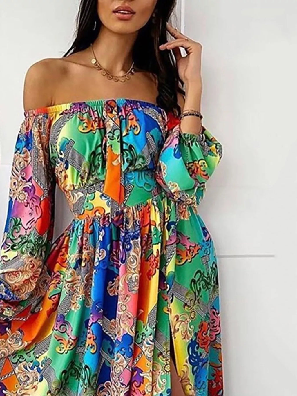Slit Printed Off Shoulder Maxi Dress (2)