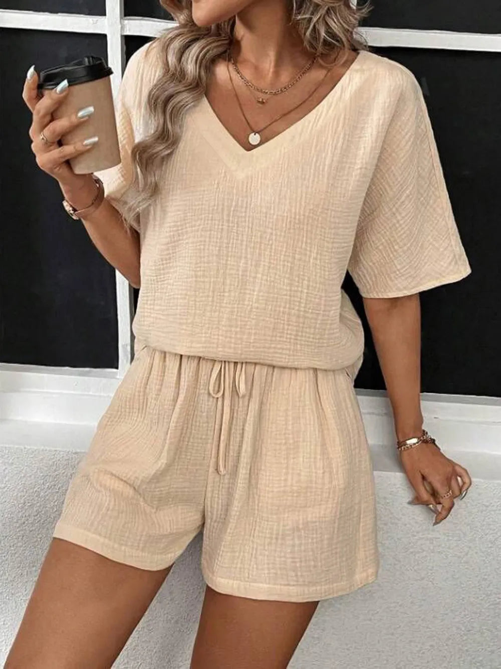 V-neck Half Sleeve Top Shorts Set (3)