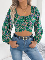 Floral Balloon Sleeve Square Neck Crop Blouse (15)