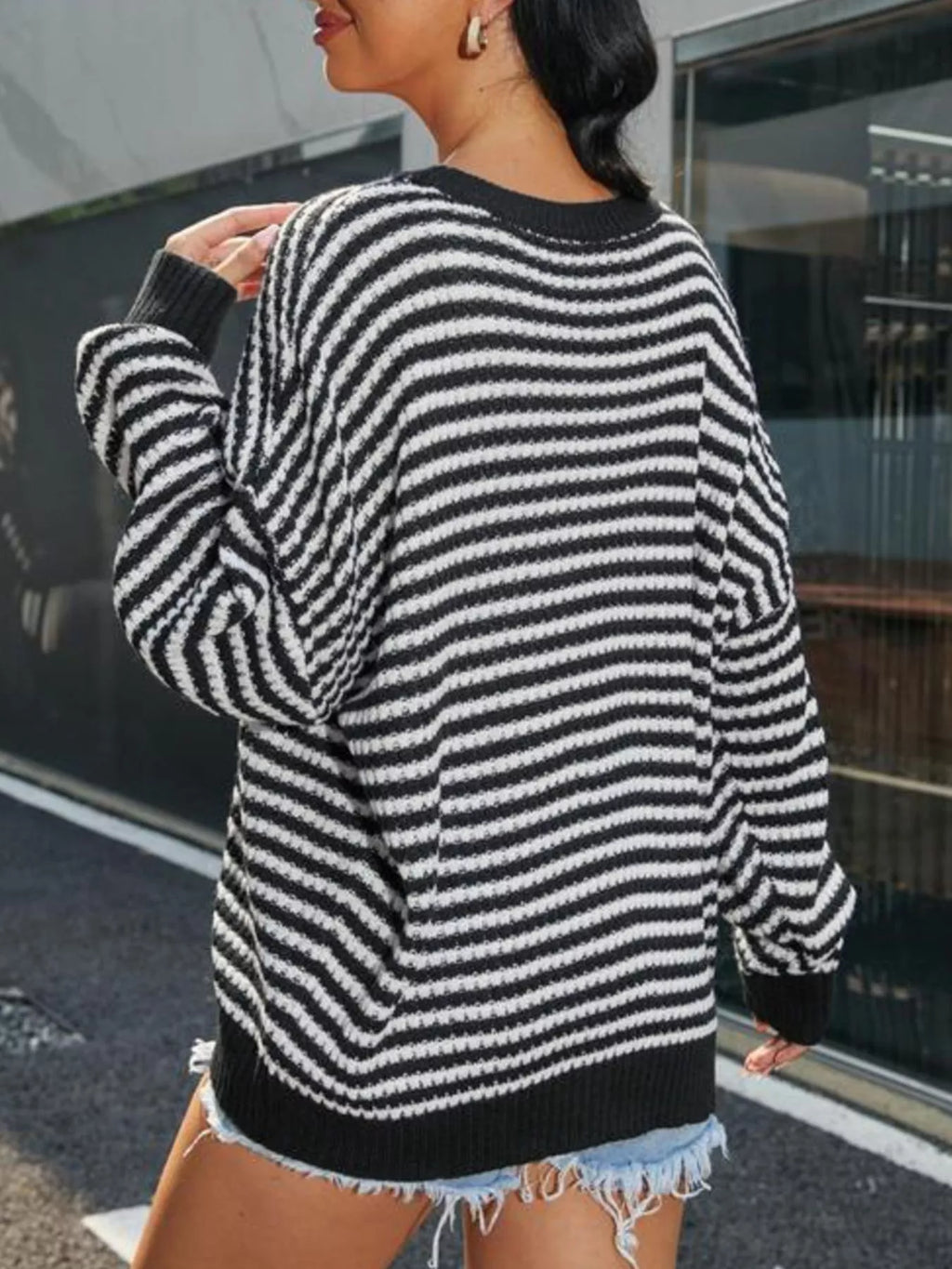 Striped Round Neck Drop Shoulder Sweater (4)