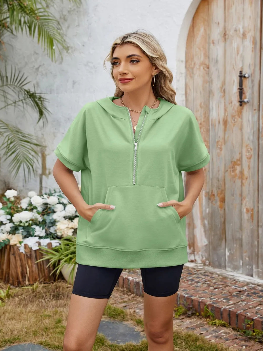 Half Zip Short Sleeve Hooded Top (12)