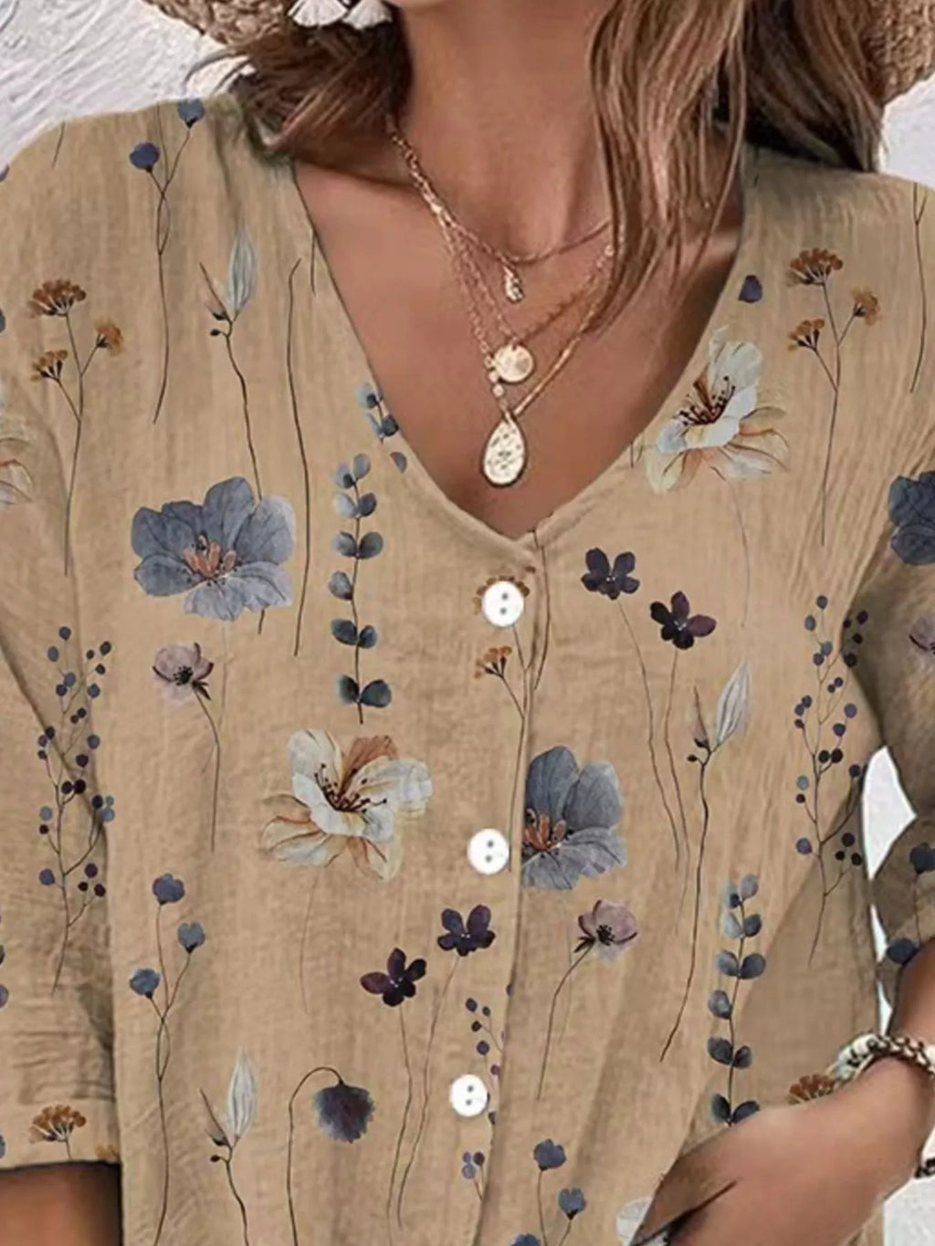 Floral Print V-neck Button-down Shirt (2)