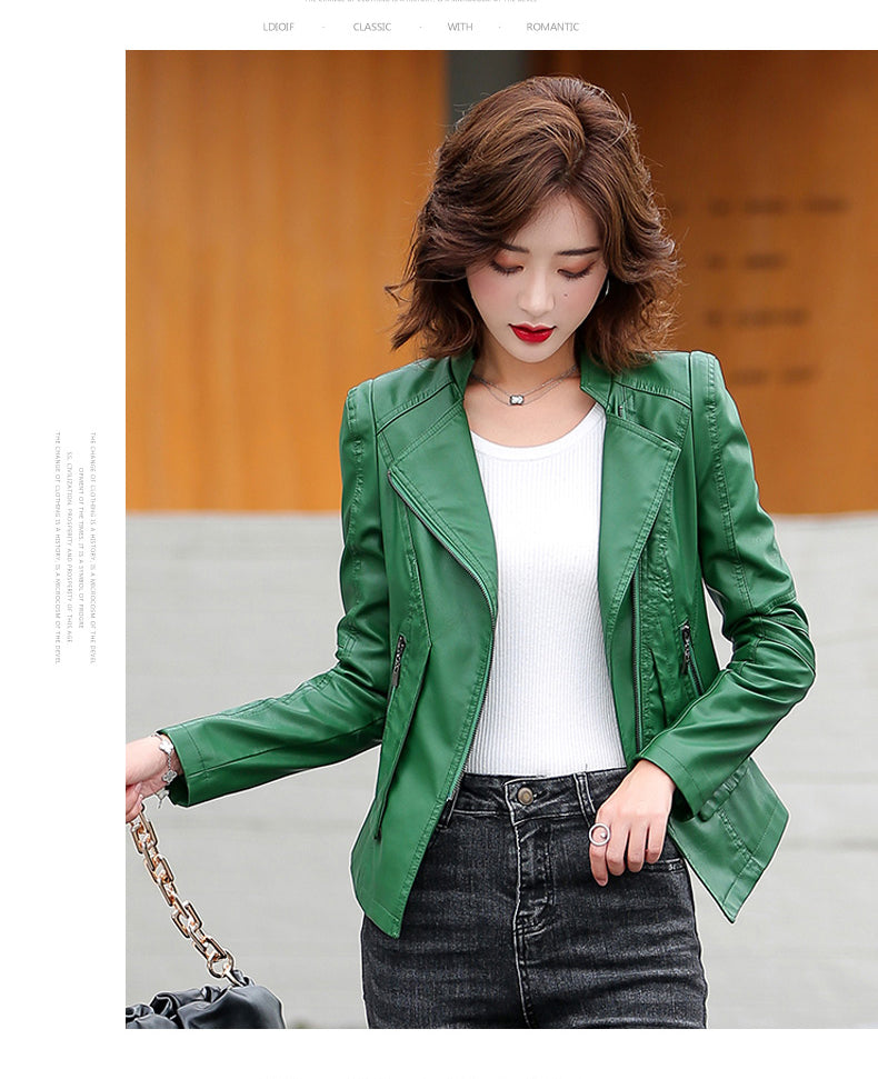 Suit Collar Biker Leather Jacket variant CJNSWTFP00175-Green-L|CJNSWTFP00175-Green-XL|CJNSWTFP00175-Green-M|CJNSWTFP00175-Green-XXL|CJNSWTFP00175-Green-3XL