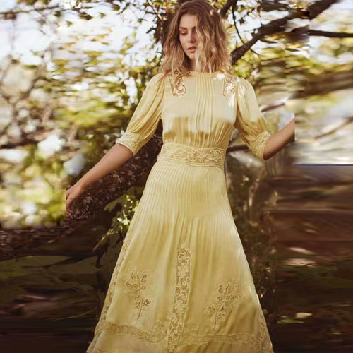 Silk Satin Heavy Embroidery Dress variant CJNSSYLY09463-Yellow-XL|CJNSSYLY09463-Yellow-M|CJNSSYLY09463-Yellow-S|CJNSSYLY09463-Yellow-L