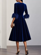 Velvet Midi Dress Feather Cuffs (2)