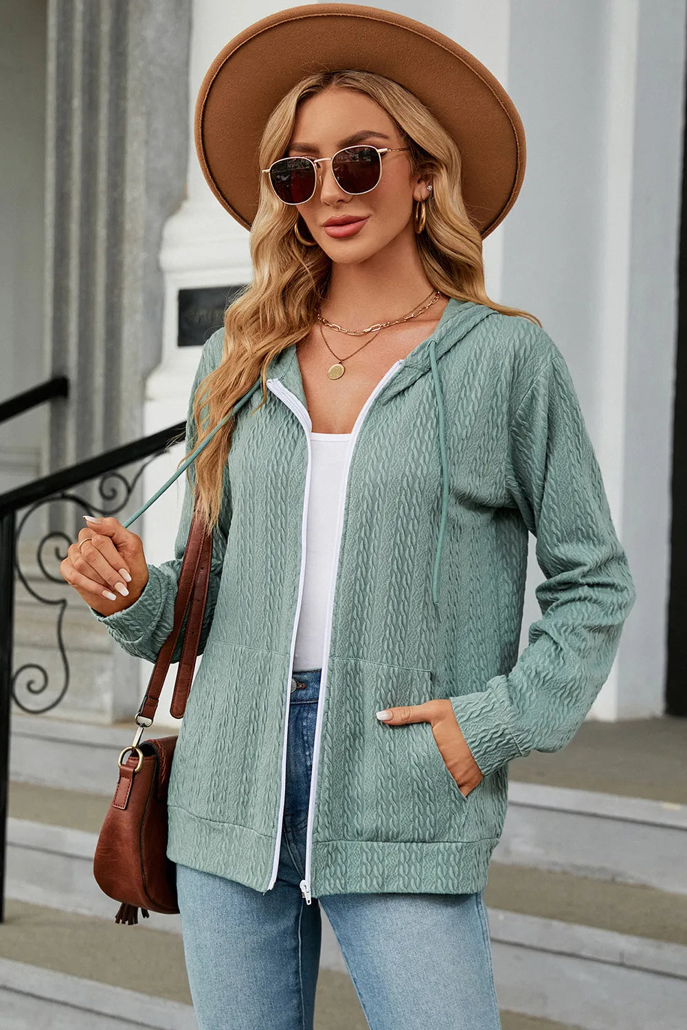 Drawstring Zip Up Long Sleeve Hoodie (20)