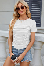 Eyelet Ruched Round Neck Short Sleeve T-shirt