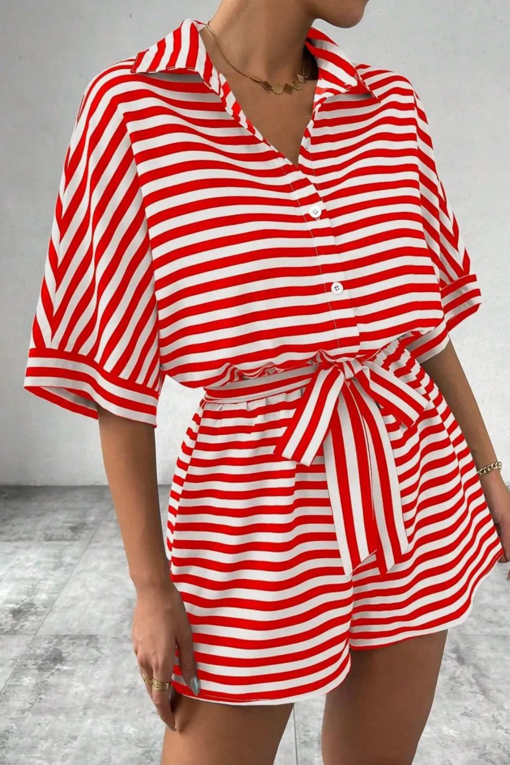 Striped Collared Neck Tie Waist Romper (15)