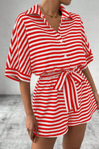 Striped Collared Neck Tie Waist Romper (15)