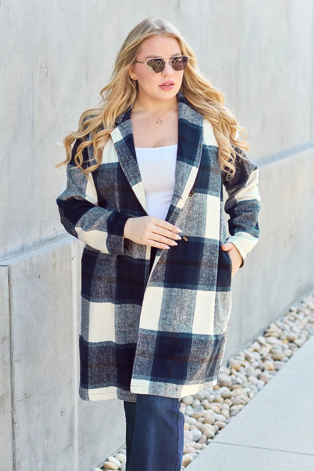 Full Size Plaid Button Up Lapel Collar Coat (19)