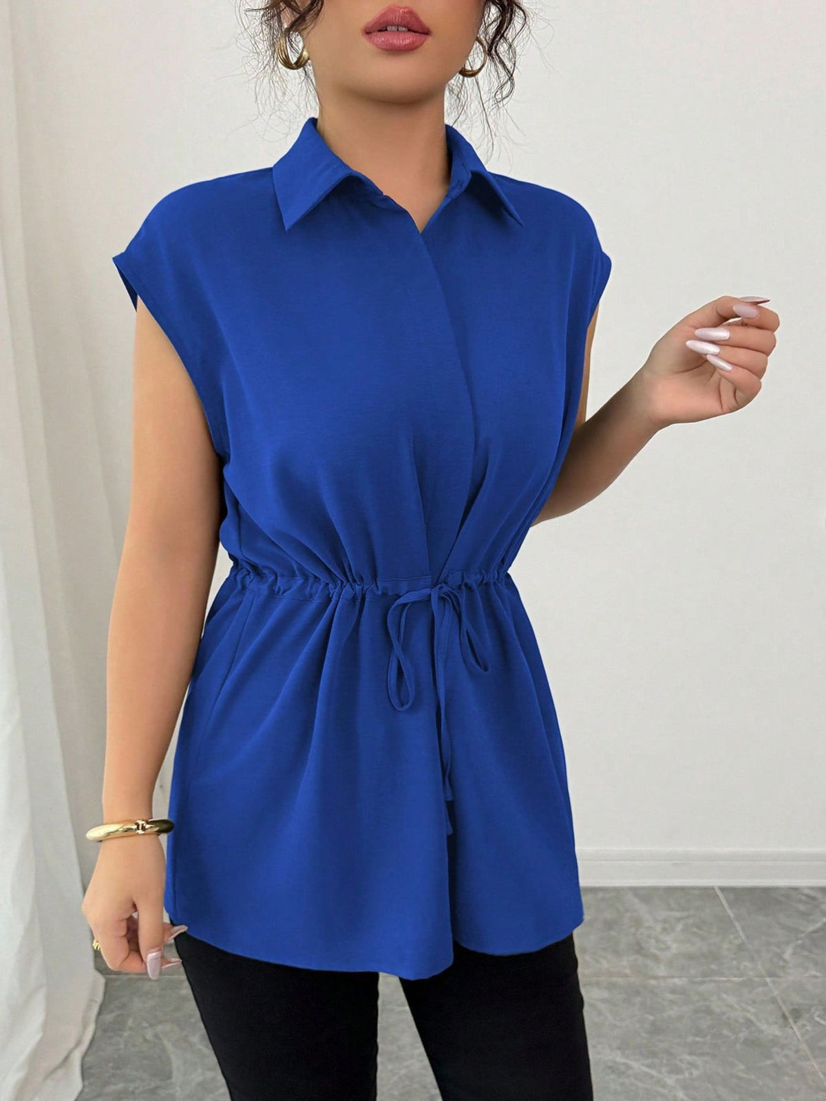 Drawstring Waist Cap Sleeve Shirt (33)
