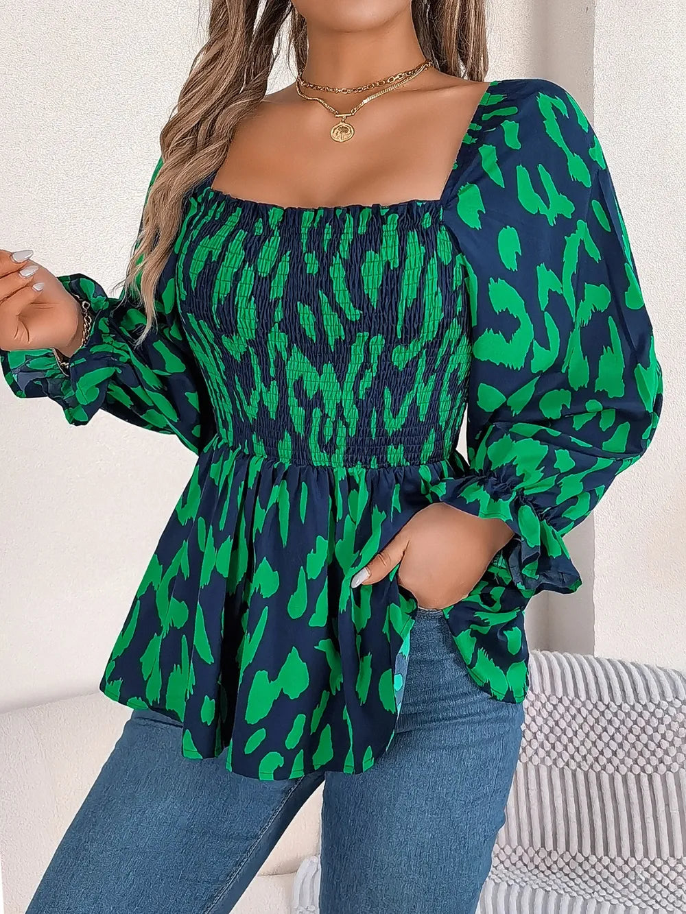 Square Neck Flounce Sleeve Blouse (15)