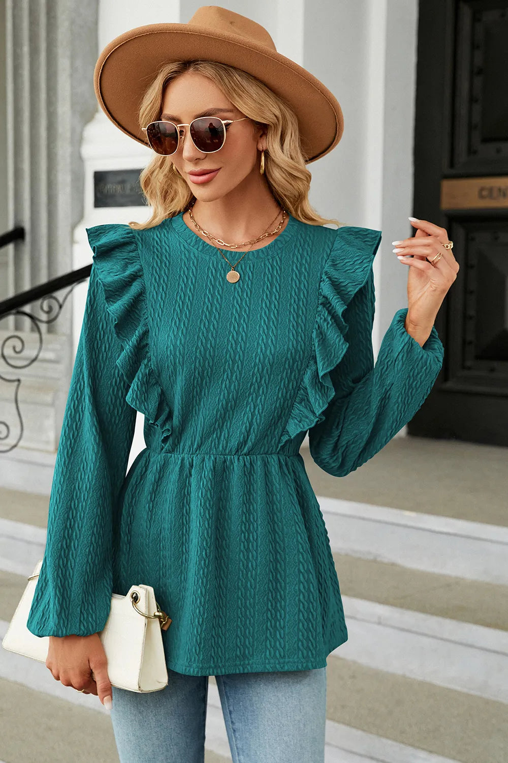 Ruffled Round Neck Balloon Sleeve Blouse (8)