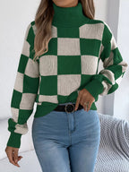Checkered Turtleneck Long Sleeve Sweater (4)