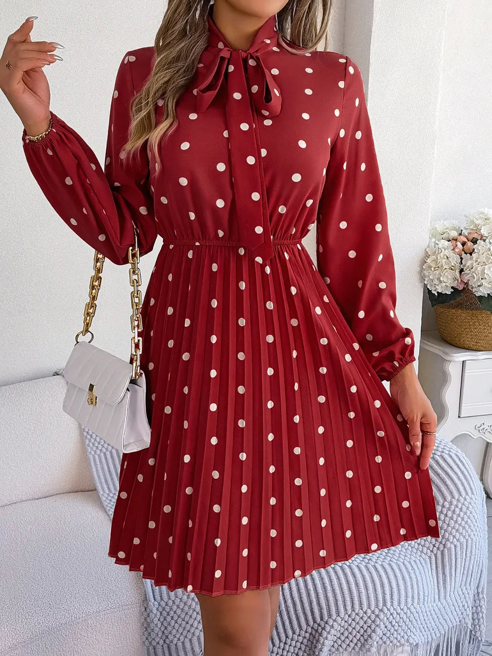Polka Dot Tie Neck Pleated Dress (17)